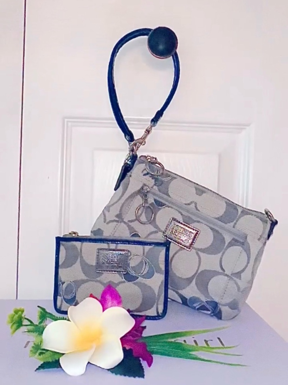 #82 COACH ~ Gray Storybook and Navy Blue Wristlet and Coin/Card Holder Set